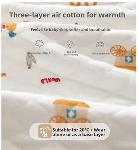 Detail of baby quilted cotton vest featuring yellow car prints and soft fiber texture