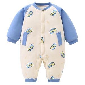 Tutina neonato spessa in cotone blu e bianco con stampa formaggio e bottoni a pressione