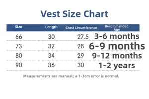Size chart for baby quilted vest including length and chest measurements for ages 3 months to 2 years