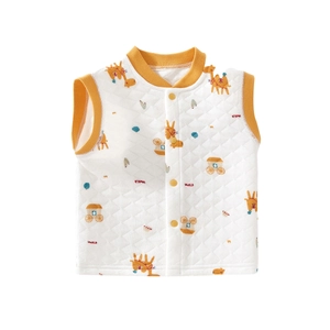 Quilted cotton baby vest with cartoon camel prints and yellow contrast binding details