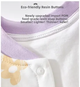 Close-up of baby bodysuit neckline with POM resin snap button and floral cotton fabric
