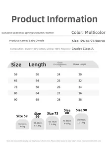 Detailed size chart for baby cotton bodysuit with measurements for length and chest