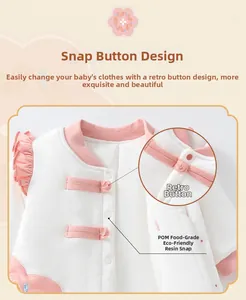 Detail view of baby cotton bodysuit with vintage buttons and food-grade resin snaps