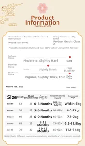 Size chart for baby winter romper detailing length, chest, and height for ages 0-15 months
