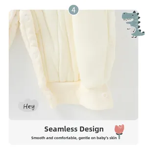 Detail of baby romper featuring seamless stitching and soft resin snap buttons