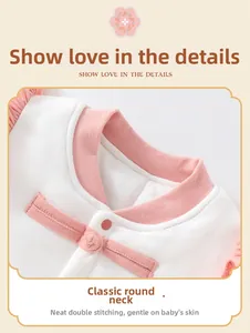 Close-up of baby pink romper featuring a traditional collar and hand-made frog buttons