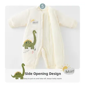 Detail view of thickened beige baby romper with cute dinosaur print and side snap closure