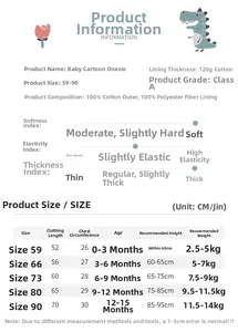 Detailed size chart for newborn padded cotton romper with safety and fabric specifications