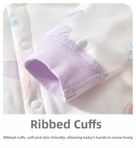 Close-up of baby bodysuit ribbed cuffs with colorful floral patterns and snap buttons