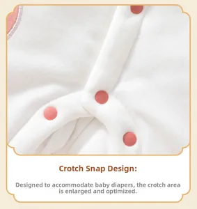 Detail of baby romper with reinforced crotch snaps for diaper space and soft cotton fabric