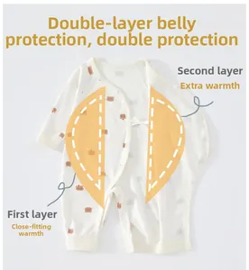 Detail of baby bodysuit featuring double-layer belly protection and bear prints