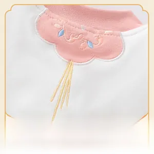Detailed view of pink cloud embroidery and ribbed neckline on baby cotton jacket