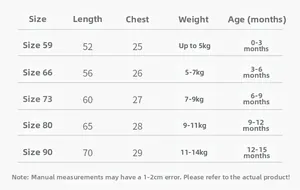 Size chart for baby cotton jumpsuit detailing length and chest measurements for 0-15 months