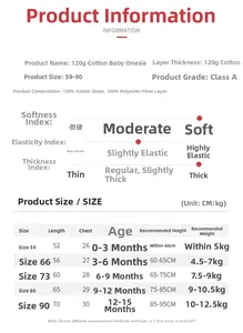 Size chart for padded baby cotton rompers showing detailed measurements for infants