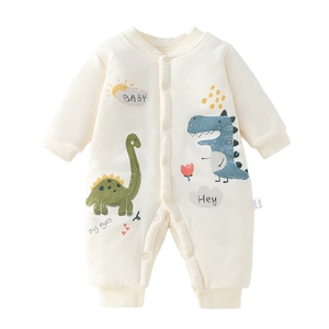 Thickened off-white baby romper with cartoon dinosaur print for autumn and winter
