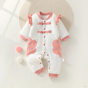 Pink and white quilted baby romper with Chinese frog buttons and floral embroidery