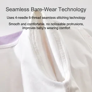 White cotton baby bodysuit with purple trim featuring flat 4-needle 6-thread seamless stitching