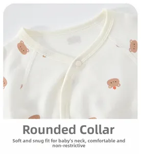 Detail showing the soft cotton collar with cute cartoon bear print and resin snap button