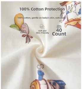Detailed macro view of 40S soft cotton baby romper fabric with cute cartoon print