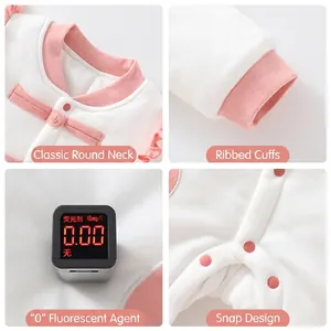 Pink and white cotton baby bodysuit with ribbed cuffs and fluorescent-free safety test