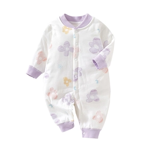 Floral print cotton baby bodysuit with purple ribbed edges and snap button closure