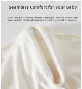 Detail of 4-needle 6-thread boneless stitching on soft organic cotton baby romper