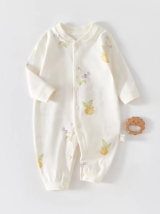 Newborn Baby Cotton Romper Comfortable Long Sleeve Jumpsuit Boneless Seamless Sleepsuit Fruit Floral Print Snap Pajamas
