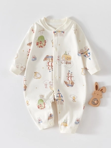 Newborn baby cotton long sleeve romper with fairytale castle and hot air balloon prints