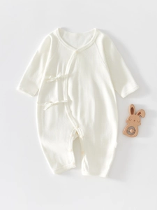 Cotton Jacquard Baby Romper Jumpsuit Long Sleeve Side Tie Kimono Style Newborn Clothing Breathable Unisex Infant Climbing Suit
