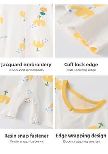 Detail view of infant cotton romper showing jacquard embroidery and resin snap fasteners