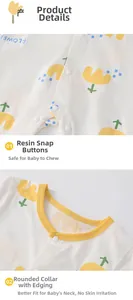 Detail of infant bodysuit showing resin snaps and comfortable round neck piping