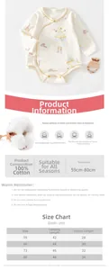 Detailed size chart for baby cotton circus print bodysuit with length and sleeve measurements