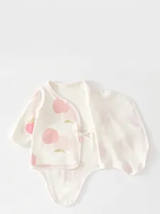 Long-sleeve cotton baby bodysuit with pink peach print and side-tie closure