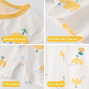Short sleeve baby bodysuit in soft cotton featuring cartoon floral print and snap crotch