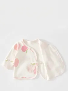 Soft cotton newborn baby wrap top with pink apple print and side tie closure