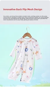 Breathable mesh fabric detail of summer baby romper with cartoon lion print