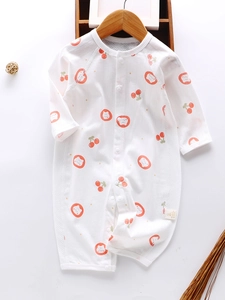 Baby long sleeve summer romper with cherry and cat patterns on white cotton fabric