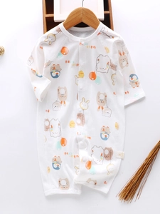 Infant long sleeve cotton romper with cartoon animal print and front snap buttons
