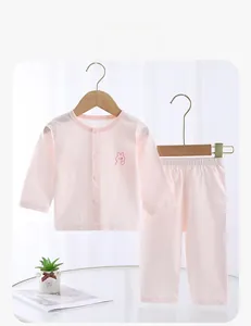 Detail of baby cotton pajama set in light pink with cute rabbit cartoon embroidery