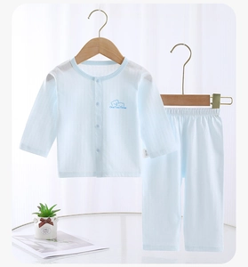 Detail view of light blue baby cotton mesh pajamas set with cute bear print and soft texture