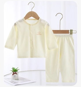 Detail of light yellow mesh cotton baby pajama set with long sleeves and matching pants