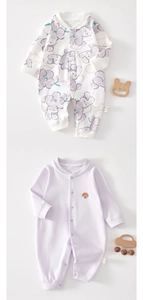 Detail of pure cotton long sleeve baby jumpsuits with cartoon prints and mushroom embroidery