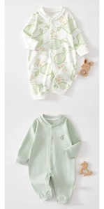 Detail of soft cotton baby rompers with mint green embroidery and cute pear prints
