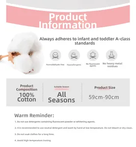 Detailed size chart for 100% cotton baby rompers with Class A safety standards information