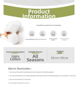 Size chart for 100% cotton baby romper with Class A safety standard and care instructions