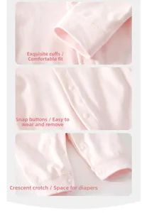 Detailed close-up of ribbed cuffs and snap button closure on baby cotton bodysuit