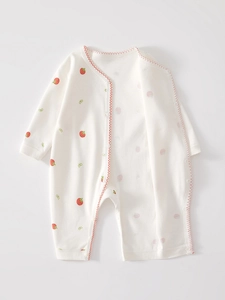 Cotton long sleeve baby romper with strawberry print and red decorative stitching