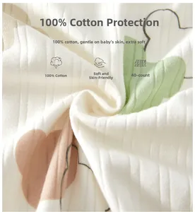 Close-up of 100% combed cotton baby fabric with soft texture and macaron prints