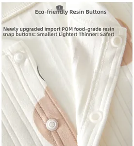 Detail of baby romper featuring eco-friendly resin snap buttons and soft cotton rib fabric