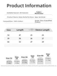 Detailed size chart for 100% cotton baby romper showing measurements and weights